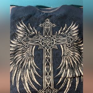Blue Wings Cross Skull Thermal Knit Pullover Shirt